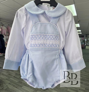 2626 - Long sleeved Baby Blue smocked romper