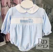 Load image into Gallery viewer, PJW26001- Blue Train Smocked velour romper