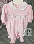 PJW26002- Pink velour Ballerina smocked babygrow