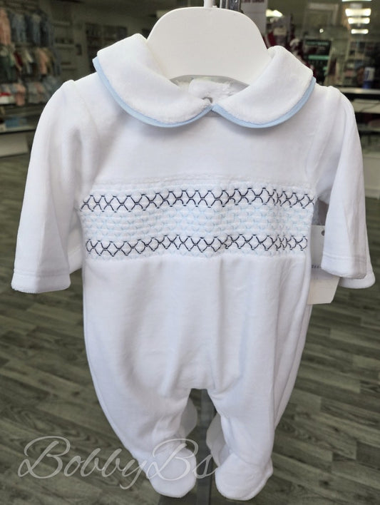 SG68 - White & Blue Smocked velour babygrow