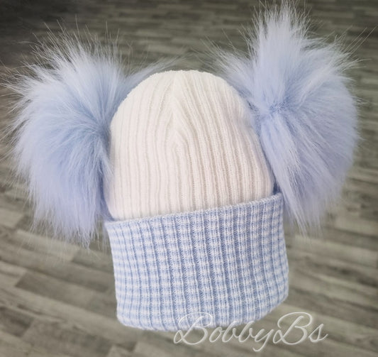 0607 - Blue Two Tone double Pompom hat