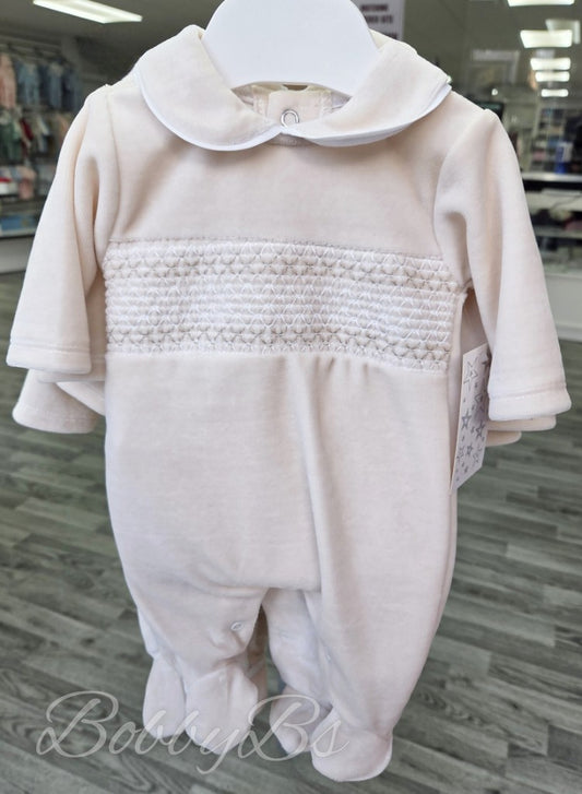 SG68 - Beige Smocked velour babygrow