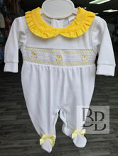 Load image into Gallery viewer, 26010 - White&amp;Lemon Smocked velour babygrow