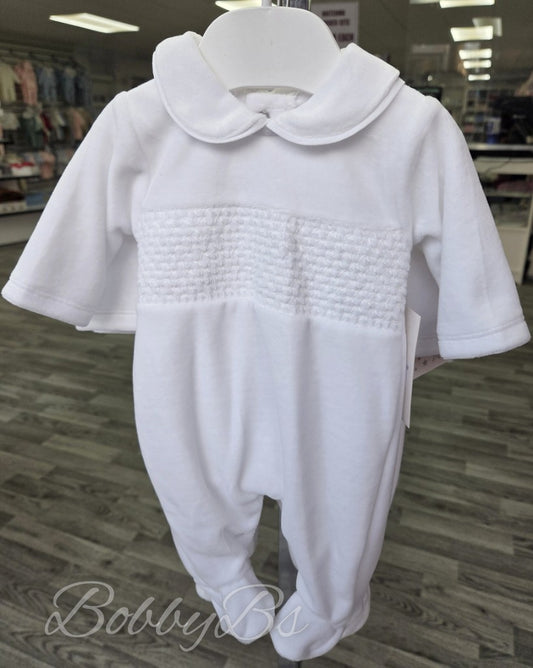 SG68 - White Smocked velour babygrow