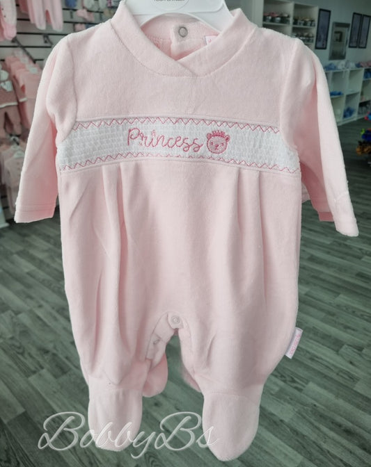 13409 - Pink velour princess smocked babygrow
