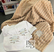 BGH3 - MADE TO ORDER HotAir Balloon Babygrow & Blanket giftset