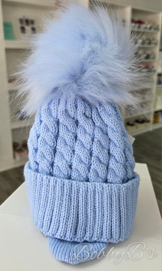 PRINCE - Blue Faux Fur Cable Pompom hat