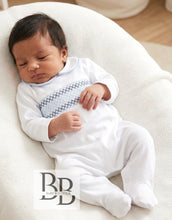 Load image into Gallery viewer, SG68 - White&amp;Blue Smocked Cotton babygrow