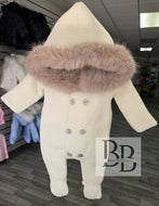 SABRINA - Ivory Knitted Faux fur trimmed snowsuit/Pramsuit