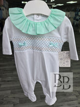 Load image into Gallery viewer, SG66C - White &amp; Mint Smocked cotton babygrow