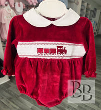 Load image into Gallery viewer, PJW26001- Red Train Smocked velour romper