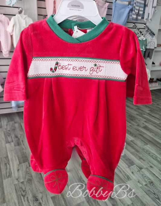 419 - Red Velour Smocked Babygrow