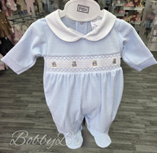 Load image into Gallery viewer, B0272 - Blue Velour smocked babygrow.