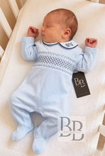 Load image into Gallery viewer, SG68 - Blue &amp; Navy Smocked velour babygrow