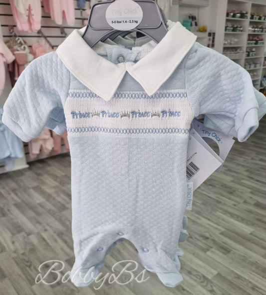 20390- Premature blue smocked ''Prince'' Babygrow