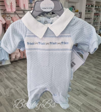 Load image into Gallery viewer, 20390- Premature blue smocked ''Prince'' Babygrow