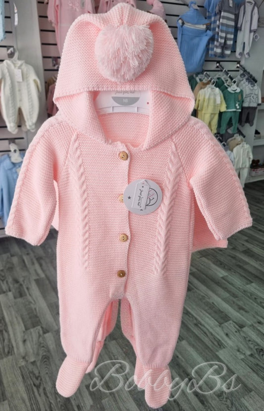 1235 - Pink Cable Pompom pramsuit