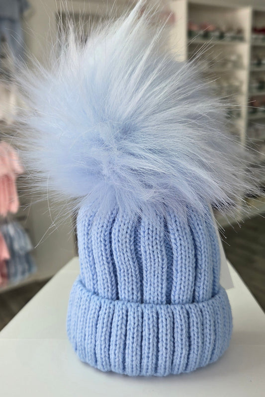 CASCADE BABY - Blue Ribbed Pompom hat