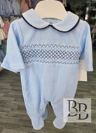 SG68 - Blue & Navy Smocked velour babygrow