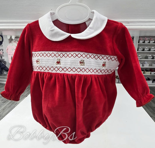 2505 - Red teddy Smocked Velour romper