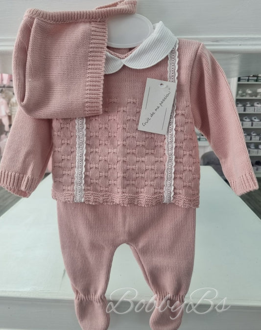 23/629 - Dusty Pink First Size 3PC Knitted set