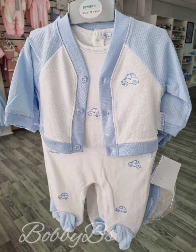 2448 - 3PC Blue embroidered babygrow set