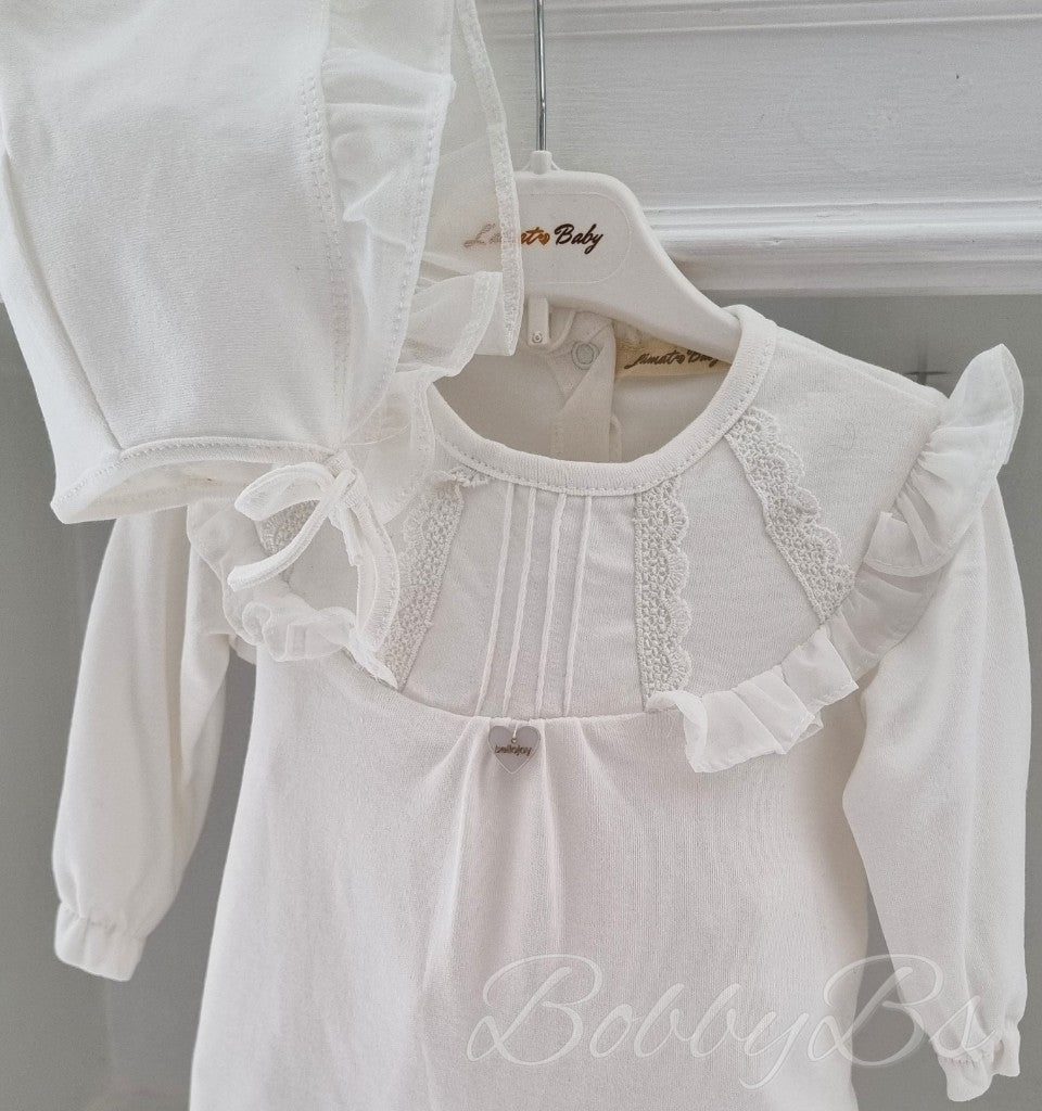 BJ3262W - White Lace babygrow & Bonnet
