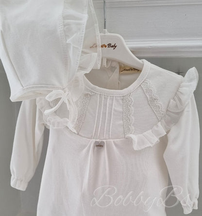 BJ3262W - White Lace babygrow & Bonnet