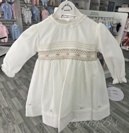 013768 - Ivory & Beige Long sleeved smocked dress