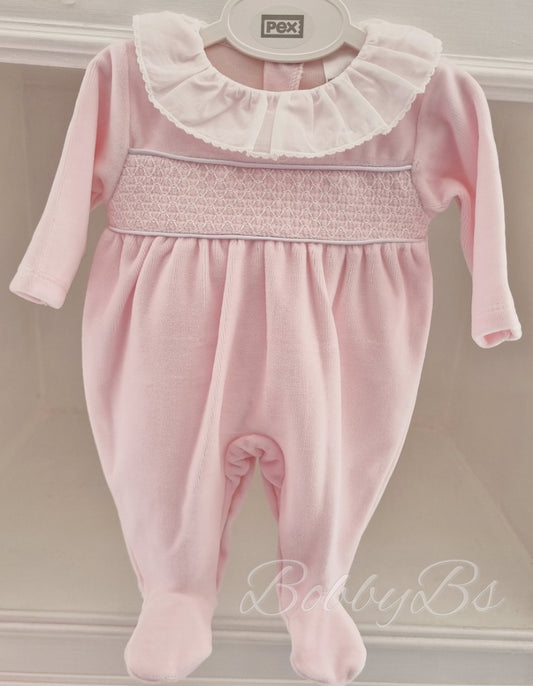 EVIE - Pink Smocked Velour Babygrow