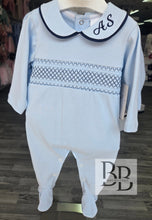 Load image into Gallery viewer, SG68C - Baby Blue and Navy Smocked Cotton Babygrow l 0-6month