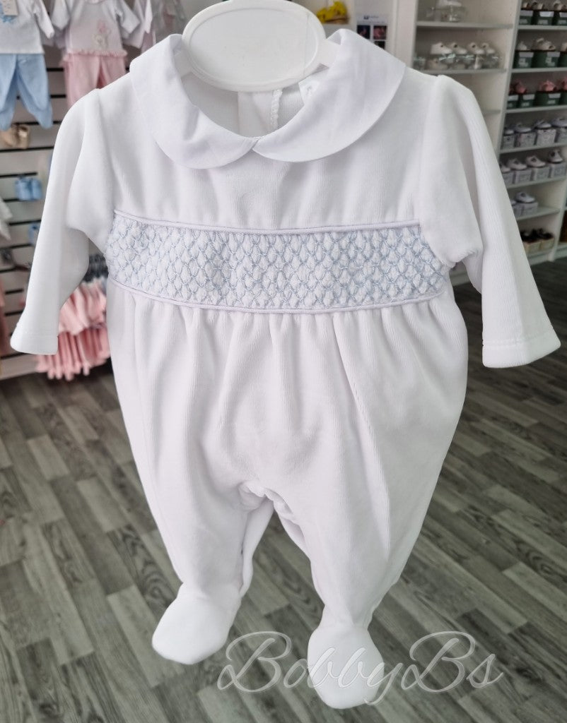 ALBERT - White/Blue Smocked Velour Babygrow