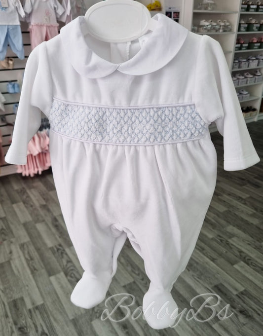 ALBERT - White/Blue Smocked Velour Babygrow