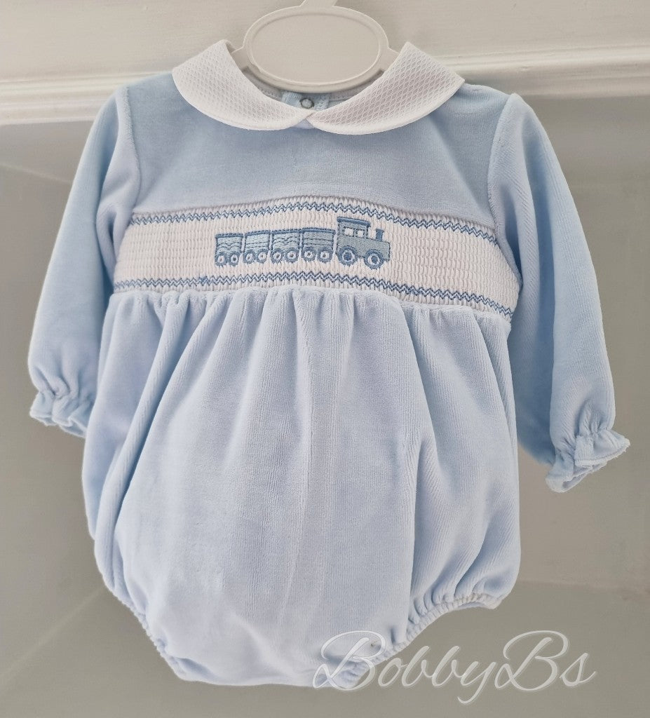 PJW2506 - Blue Velour Train Romper