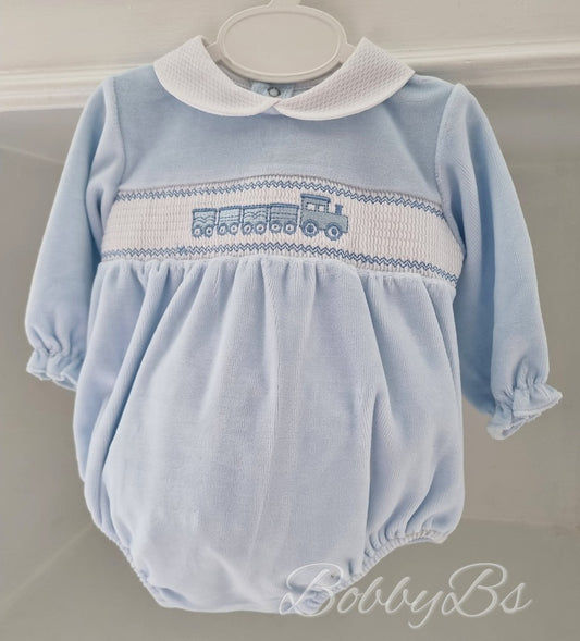 PJW2506 - Blue Velour Train Romper