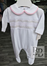 Load image into Gallery viewer, SG68C- White &amp;Pink Smocked cotton babygrow