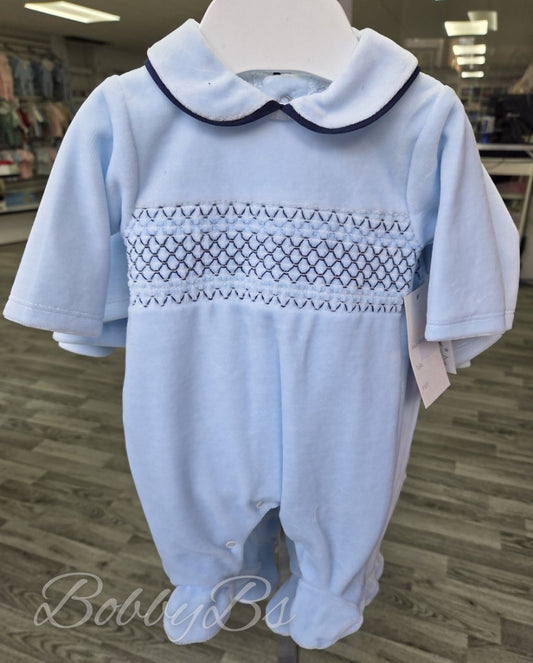 SG68 - Blue & Navy Smocked velour babygrow