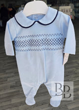 Load image into Gallery viewer, SG68C - Baby Blue and Navy Smocked Cotton Babygrow l 0-6month