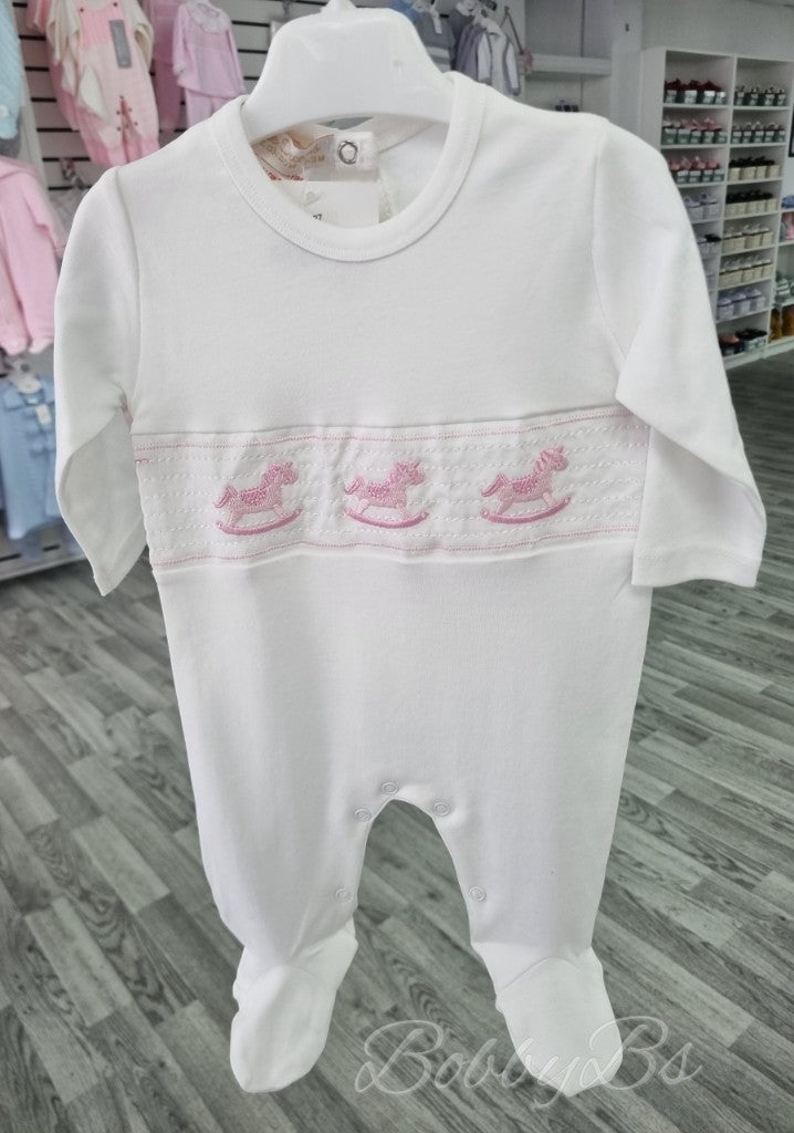 10087 - White&Pink rocking horse babygrow