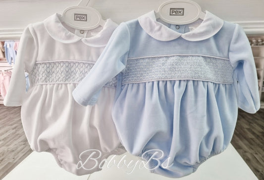 ALBERT - White/Blue Smocked Velour romper