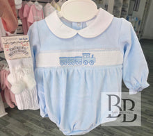 Load image into Gallery viewer, PJW26001- Blue Train Smocked velour romper