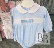 PJW26001- Blue Train Smocked velour romper