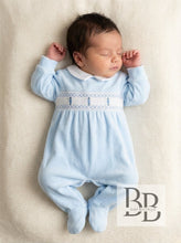 Load image into Gallery viewer, 26013 - Blue Smocked velour babygrow