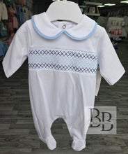 Load image into Gallery viewer, SG68 - White&amp;Blue Smocked Cotton babygrow