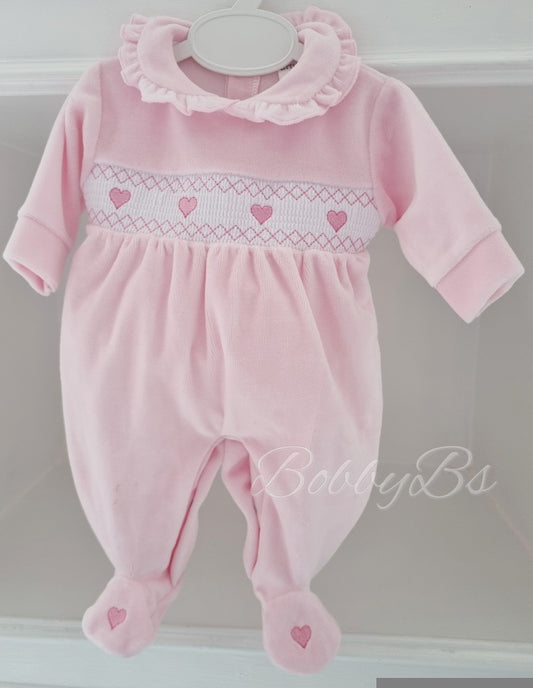 LNW2521 - Pink Velour smocked babygrow
