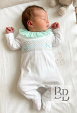 Load image into Gallery viewer, SG66C - White &amp; Mint Smocked cotton babygrow
