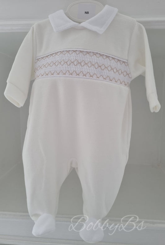 LBW25/802 - Ivory & Beige velour babygrow