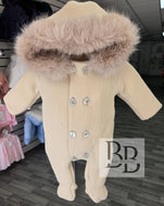 SABRINA - Beige Knitted Faux fur trimmed snowsuit/Pramsuit