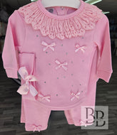WPT7 - Baby Girls Pink Diamante Bow Trouser Set | 0-9 Months