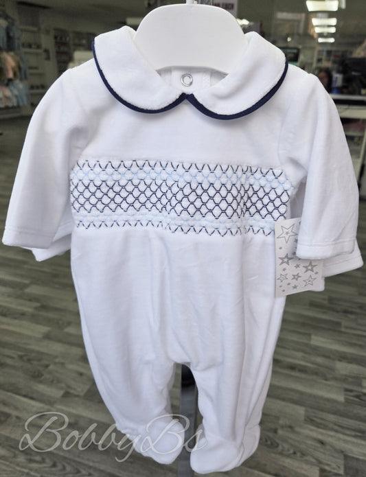 SG68 - White & Navy Smocked velour babygrow